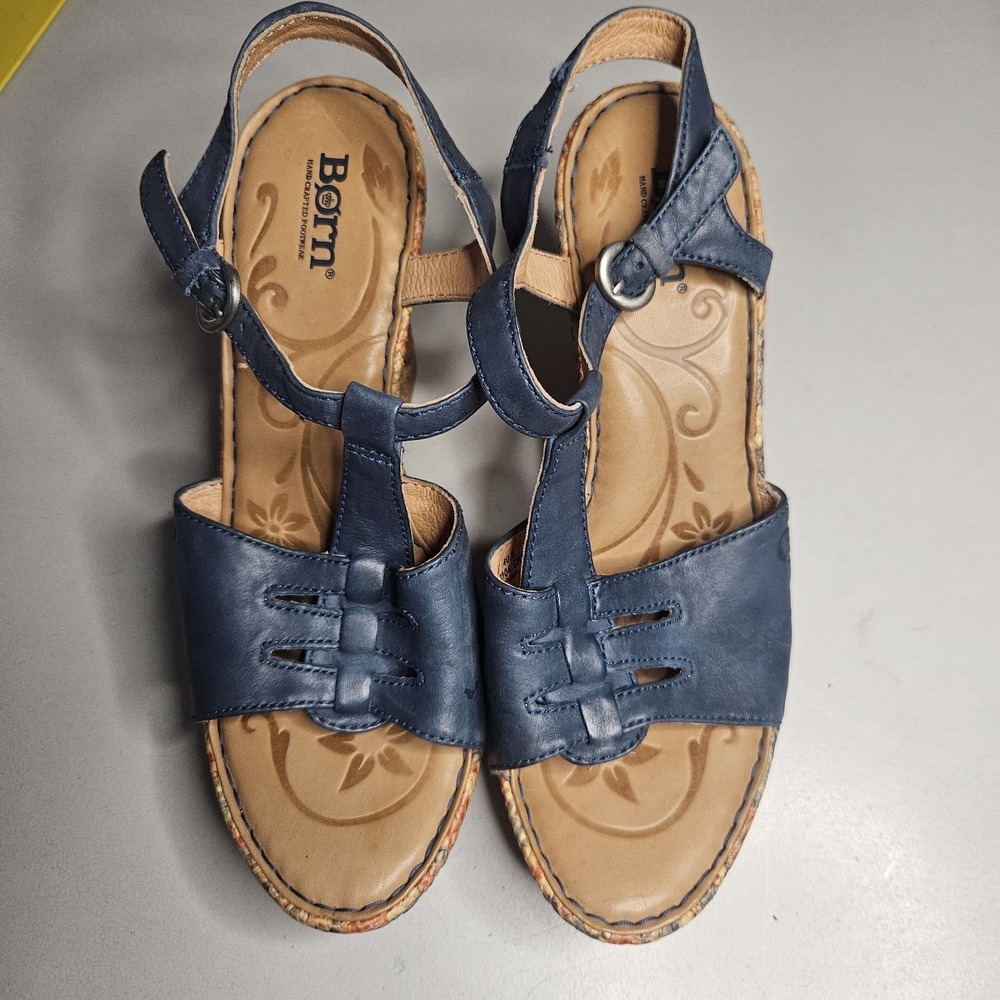 Born Womens Sandals 9M Blue Leather Ankle Strap Platform Floral Woven Wedge